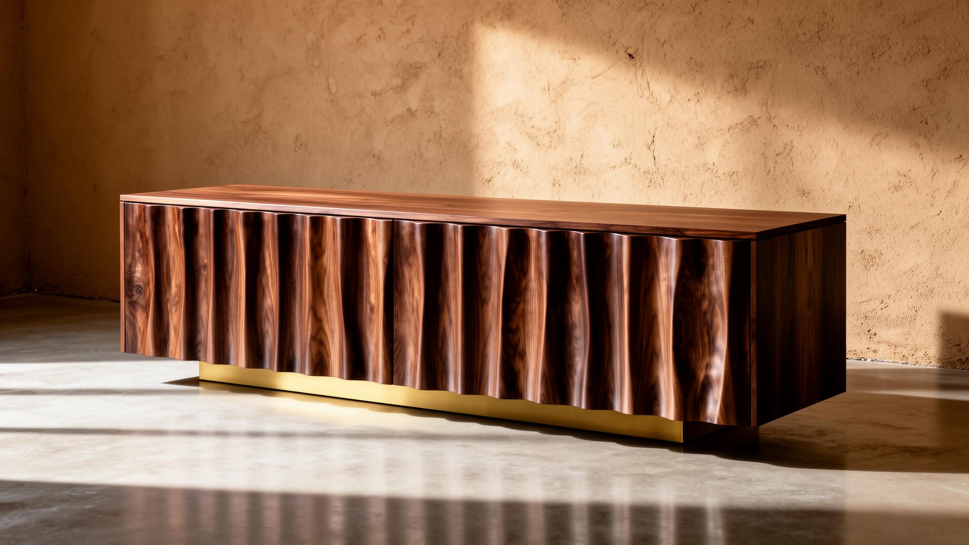 A sculptural low credenza in figured black walnut — undulating carved facade on a slim bronze base